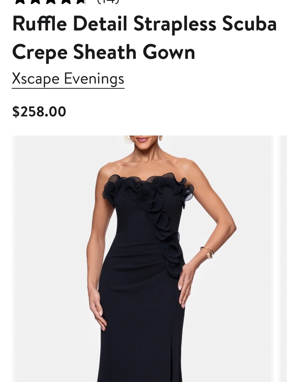 Xscape Black Strapless Scuba Crepe Gown with Ruffle Detail